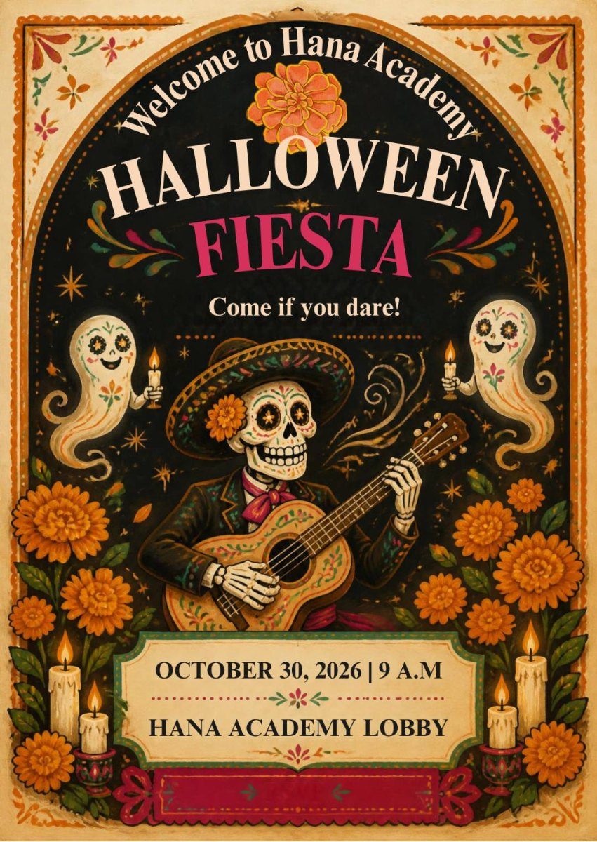 HANA Academy Halloween Fiesta poster with a sugar skull guitarist, marigolds and candles